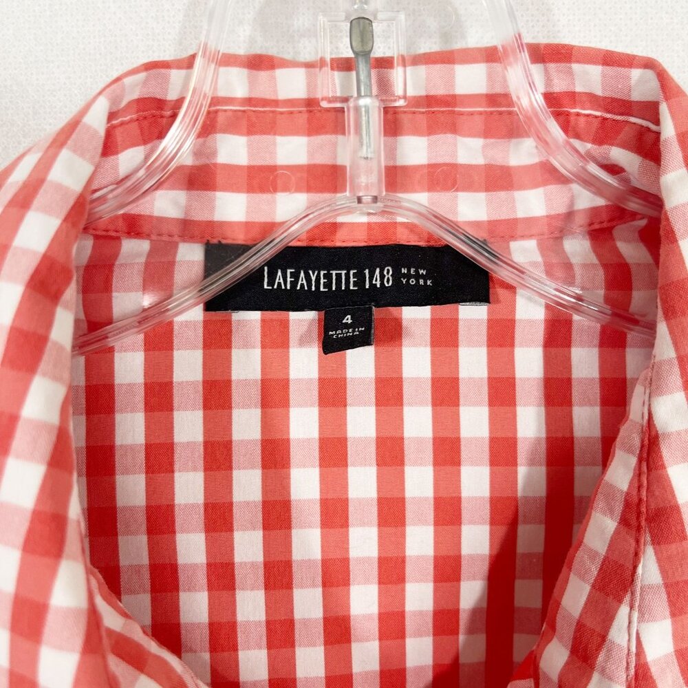 Lafayette 148 Orange Gingham Ruched Button Down Shirt Plaid - Women's Size 4‎ - Picture 4 of 7